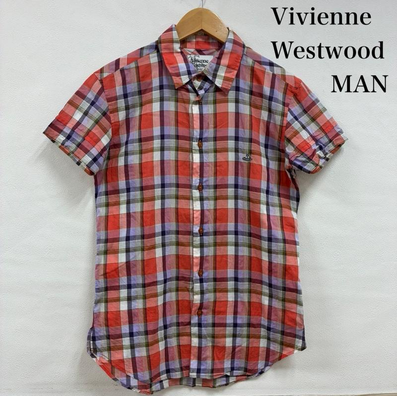 ヴィヴィアンウエストウッドマン Vivienne Westwood MAN シャツ、ブラウス 半袖 レギュラーカラー オーブ 刺繍 チェック 袖二重 半袖 ボタン シャツ 4745-2104 44 チェック X ロゴ、文字 X 刺繍 マルチカラー / マルチカラー / multicolor メンズ USED 古着 中古 50137535