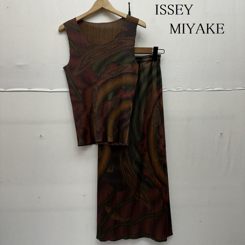 イッセイミヤケ ISSEY MIYAKE セットアップ セットアップ PLEATS PLEASE プリーツ マーブル プリント ノースリーブ カットソー スカート セットアップ PP54-JK200 横尾忠則 FREE 茶 / ブラウン / brown X マルチカラー / マルチカラー / multicolor レディース USED 古着 中古 50138071