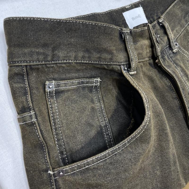 古着 USED パンツ デニム、ジーンズ BLESSU バギー デニム ワイド ダークブラウン BU0096 M ワンポイント X ロゴ、文字 X 刺繍 メンズ USED 古着 中古 50138331