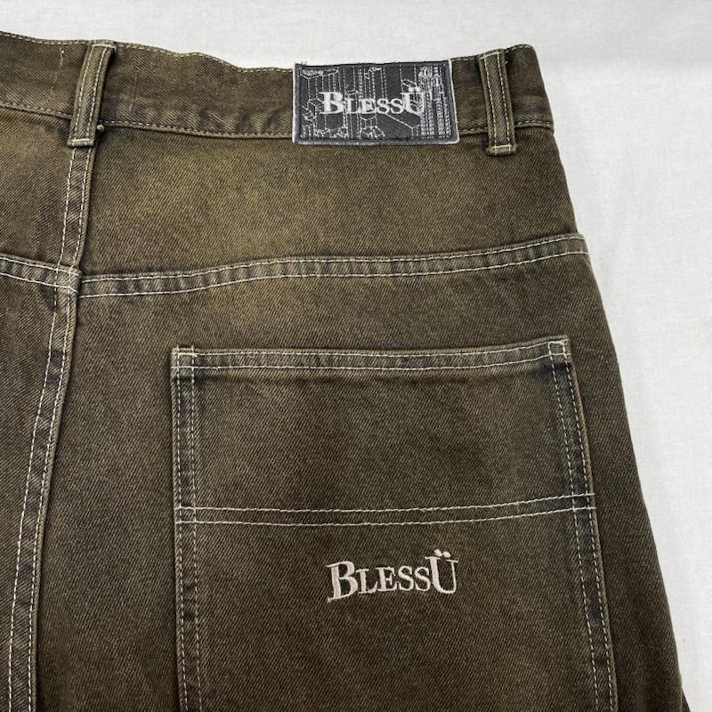 古着 USED パンツ デニム、ジーンズ BLESSU バギー デニム ワイド ダークブラウン BU0096 M ワンポイント X ロゴ、文字 X 刺繍 メンズ USED 古着 中古 50138331