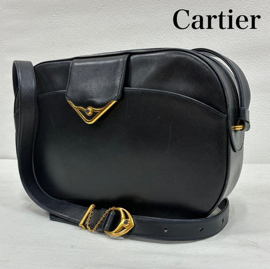 カルティエ Cartier ショルダーバッグ ショルダーバッグ オールド サファイアライン レザー ショルダーバッグ 斜め掛け クロスボディ ゴールド金具 - 紺 / ネイビー / navy X 金 / ゴールド / gold color レディース USED 古着 中古 50138585
