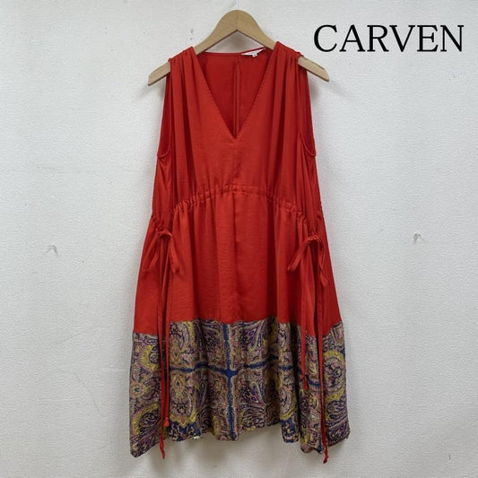 カルヴェン CARVEN ワンピース ひざ丈スカート 裾ペイズリー柄 シルク混 ポリエステル ノースリーブ ワンピース Ｖネック リボン ウエスト紐 チュニック フレア 36 無地 X 総柄 X ペイズリー 赤 / レッド / red X マルチカラー / マルチカラー / multicolor レディース USED 古着 中古 50139041
