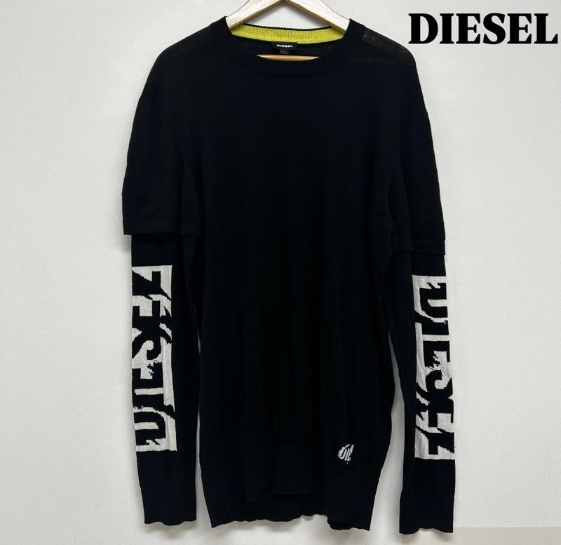 ディーゼル DIESEL ニット、セーター 長袖 長袖ニット フェイクレイヤード イタリア製 L ロゴ、文字 黒 / ブラック / black メンズ USED 古着 中古 50139360