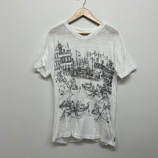 ディーゼル DIESEL Tシャツ 半袖 風景画プリント Vネック Tシャツ S 白 / ホワイト / white メンズ USED 古着 中古 50140122