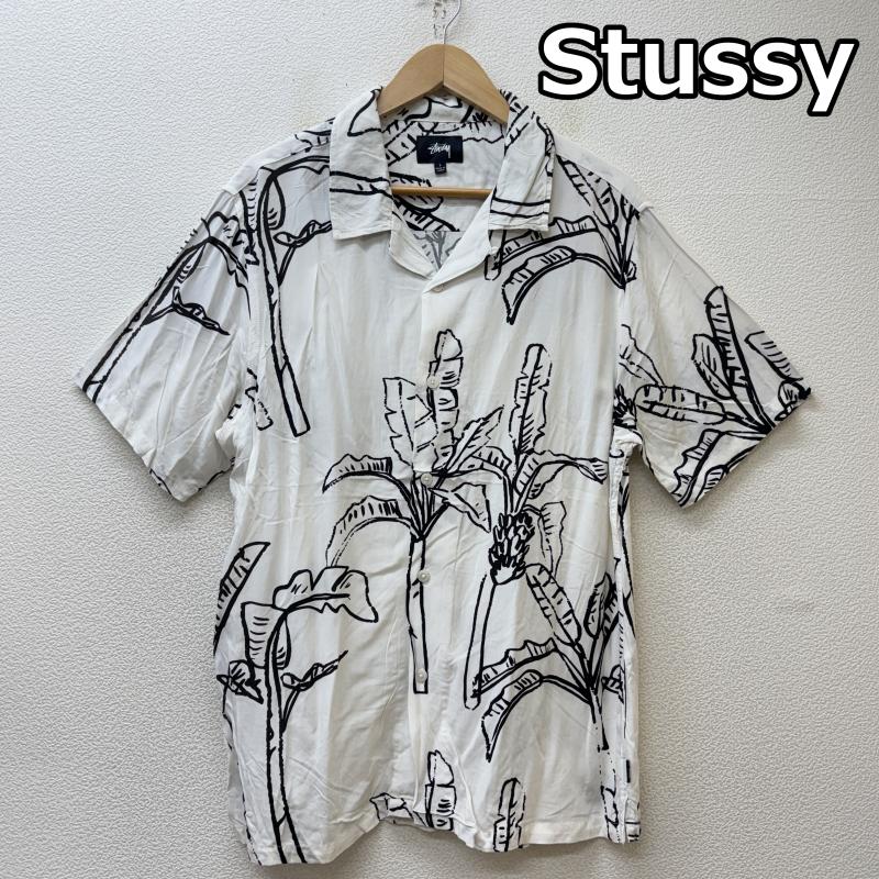 ステューシー STUSSY シャツ、ブラウス 半袖 Banana Tree shirt バナナツリー 総柄 レーヨン オープンカラー ハワイアン アロハ シャツ 白 黒 ホワイト ブラック L 白 / ホワイト / white X 黒 / ブラック / black メンズ USED 古着 中古 50140124