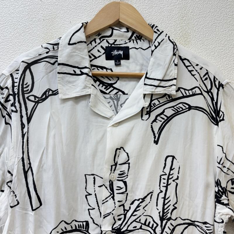 ステューシー STUSSY シャツ、ブラウス 半袖 Banana Tree shirt バナナツリー 総柄 レーヨン オープンカラー ハワイアン アロハ シャツ 白 黒 ホワイト ブラック L 白 / ホワイト / white X 黒 / ブラック / black メンズ USED 古着 中古 50140124