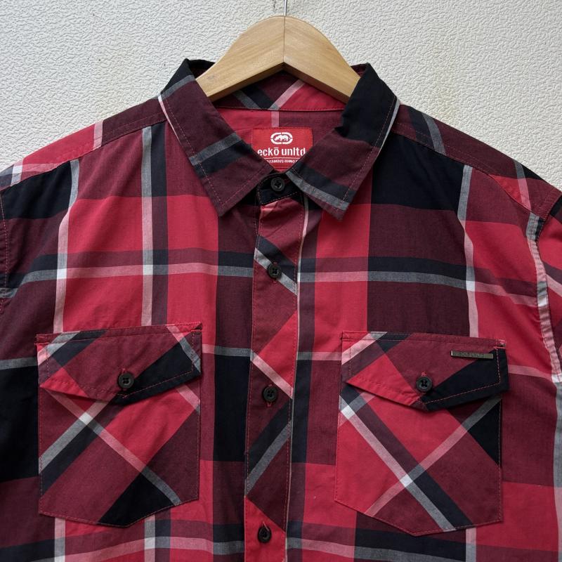 エコーアンリミテッド ECKOUNLTD シャツ、ブラウス 半袖 チェック柄 胸ロゴプレート 半袖 シャツ 赤 黒 レッド ブラック L 赤 / レッド / red X 黒 / ブラック / black メンズ USED 古着 中古 50140657