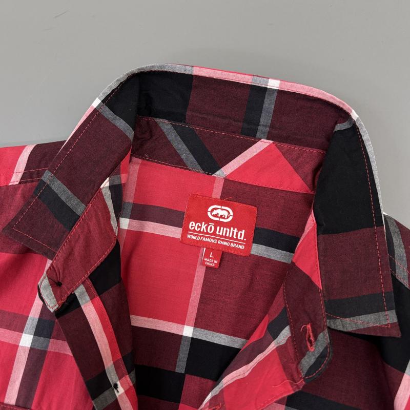 エコーアンリミテッド ECKOUNLTD シャツ、ブラウス 半袖 チェック柄 胸ロゴプレート 半袖 シャツ 赤 黒 レッド ブラック L 赤 / レッド / red X 黒 / ブラック / black メンズ USED 古着 中古 50140657