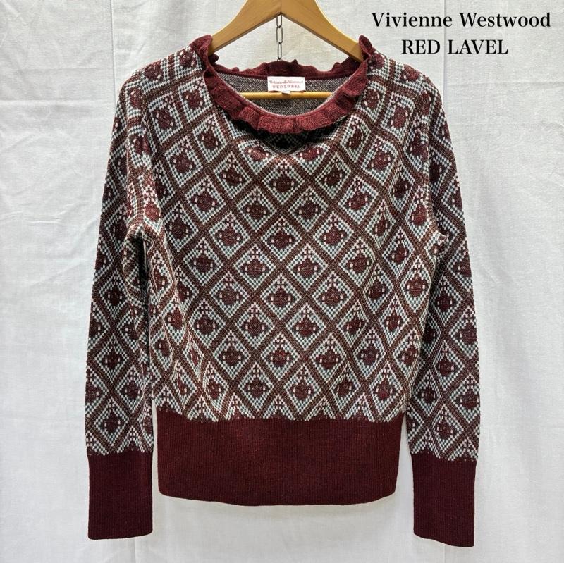 ヴィヴィアン ウエストウッド レッドレーベル Vivienne Westwood red label ニット、セーター 長袖 オーブ柄ラメニット フリルネック burgundy サイズ3 3 総柄 X ロゴ、文字 えんじ / ワインレッド / dark red レディース USED 古着 中古 50140766