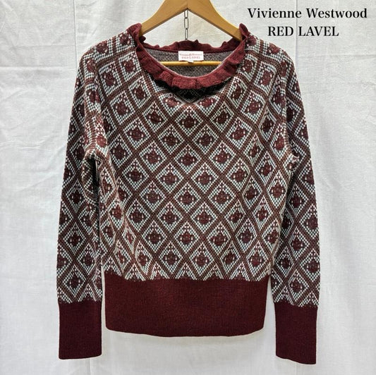 ヴィヴィアン ウエストウッド レッドレーベル Vivienne Westwood red label ニット、セーター 長袖 オーブ柄ラメニット フリルネック burgundy サイズ3 3 総柄 X ロゴ、文字 えんじ / ワインレッド / dark red レディース USED 古着 中古 50140766