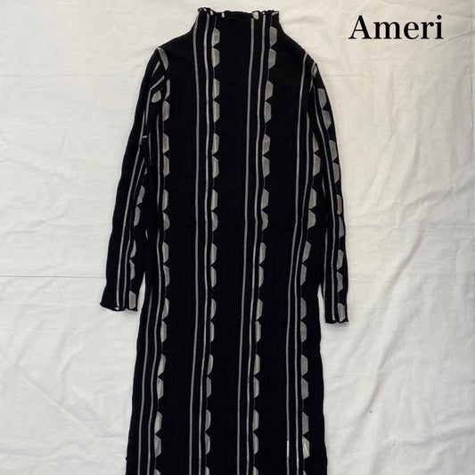 アメリ AMERI ワンピース ロングスカート メディシアージオメトリックニットドレス 幾何学模 black FREE FREE 総柄 黒 / ブラック / black レディース USED 古着 中古 50140772