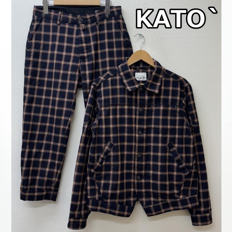 カトー KATO` セットアップ セットアップ 日本製 チェック柄 ウール ワーク ジャケット クロップド パンツ セットアップ 紺 橙 ネイビー オレンジ - 紺 / ネイビー / navy X 橙 / オレンジ / orange メンズ USED 古着 中古 50141056