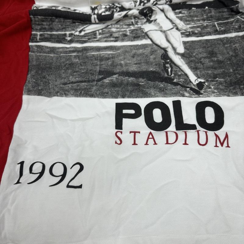 ポロラルフローレン POLO RALPH LAUREN ポロシャツ 半袖 1992 STADIUM 復刻 槍投げ プリント ポロシャツ M 白 / ホワイト / white X 赤 / レッド / red メンズ USED 古着 中古 50141345