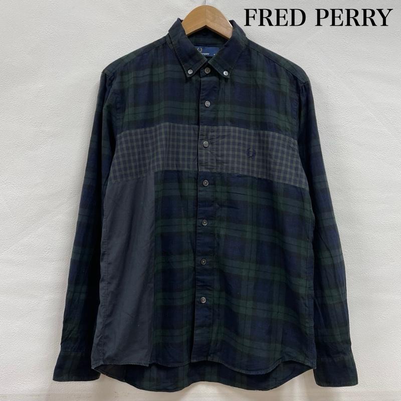 フレッドペリー FRED PERRY シャツ、ブラウス 長袖 マルチチェック 切替 ロングスリーブ ボタンダウン シャツ F4449 M チェック X ワンポイント X ロゴ、文字 X 刺繍 緑 / グリーン / green メンズ USED 古着 中古 50141350