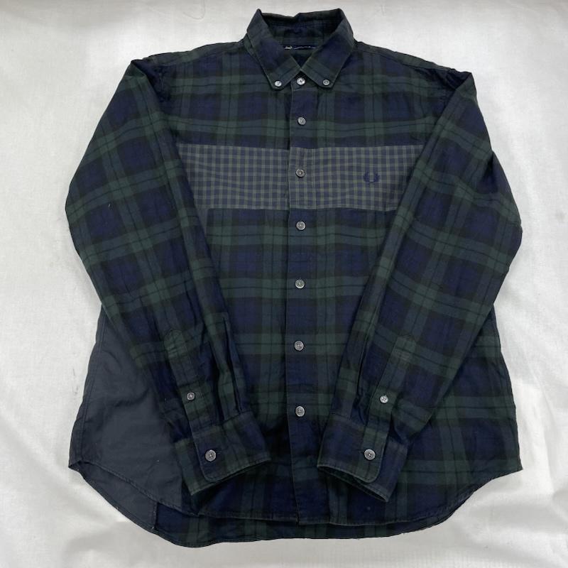 フレッドペリー FRED PERRY シャツ、ブラウス 長袖 マルチチェック 切替 ロングスリーブ ボタンダウン シャツ F4449 M チェック X ワンポイント X ロゴ、文字 X 刺繍 緑 / グリーン / green メンズ USED 古着 中古 50141350