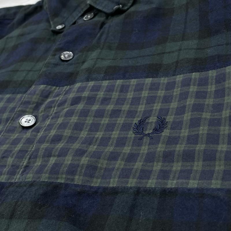 フレッドペリー FRED PERRY シャツ、ブラウス 長袖 マルチチェック 切替 ロングスリーブ ボタンダウン シャツ F4449 M チェック X ワンポイント X ロゴ、文字 X 刺繍 緑 / グリーン / green メンズ USED 古着 中古 50141350