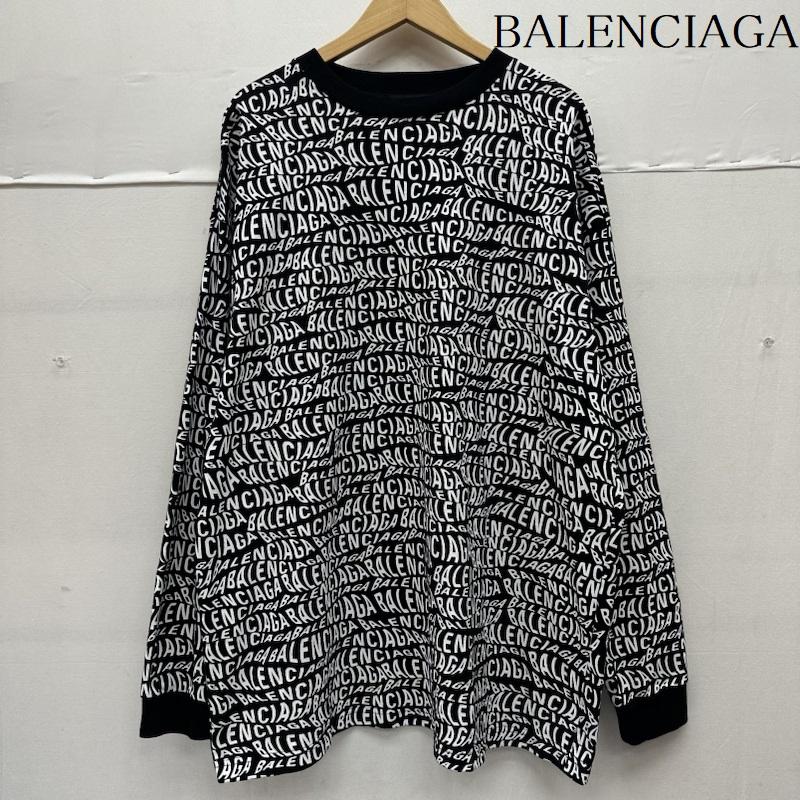 バレンシアガ BALENCIAGA Tシャツ 長袖 19AW Wave Logo ウェーブ ロゴ 総柄 ロンT DT32 583113 TFV48 1070 XS 黒 / ブラック / black X 白 / ホワイト / white メンズ USED 古着 中古 50141417