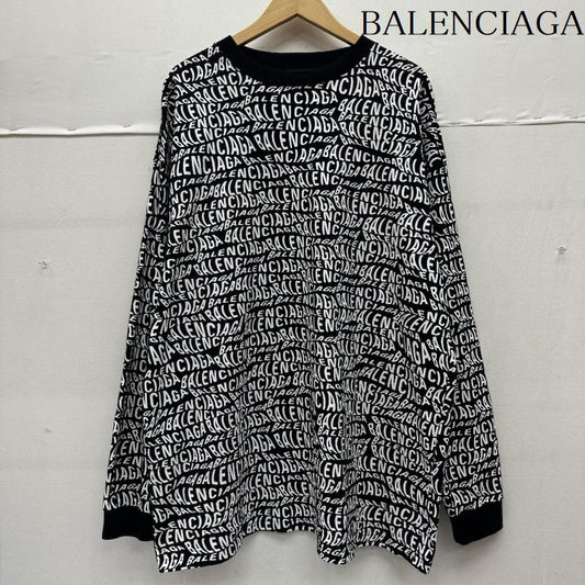 バレンシアガ BALENCIAGA Tシャツ 長袖 19AW Wave Logo ウェーブ ロゴ 総柄 ロンT DT32 583113 TFV48 1070 XS 黒 / ブラック / black X 白 / ホワイト / white メンズ USED 古着 中古 50141417