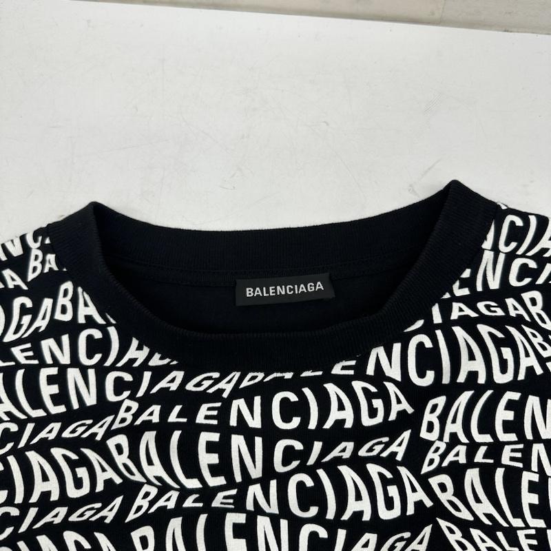 バレンシアガ BALENCIAGA Tシャツ 長袖 19AW Wave Logo ウェーブ ロゴ 総柄 ロンT DT32 583113 TFV48 1070 XS 黒 / ブラック / black X 白 / ホワイト / white メンズ USED 古着 中古 50141417