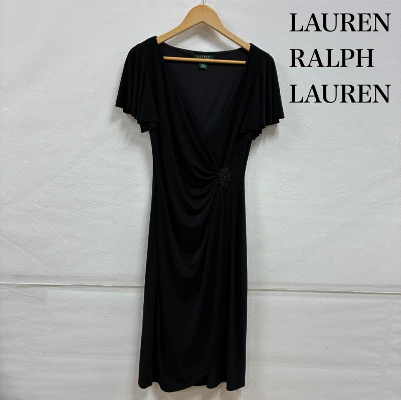 ローレンラルフローレン LAUREN RALPH LAUREN ワンピース ひざ丈スカート 袖フリル ツイスト フロント パーティ ドレス ワンピース ビーズ ブローチ セレモニー L ワンポイント 黒 / ブラック / black レディース USED 古着 中古 50141660