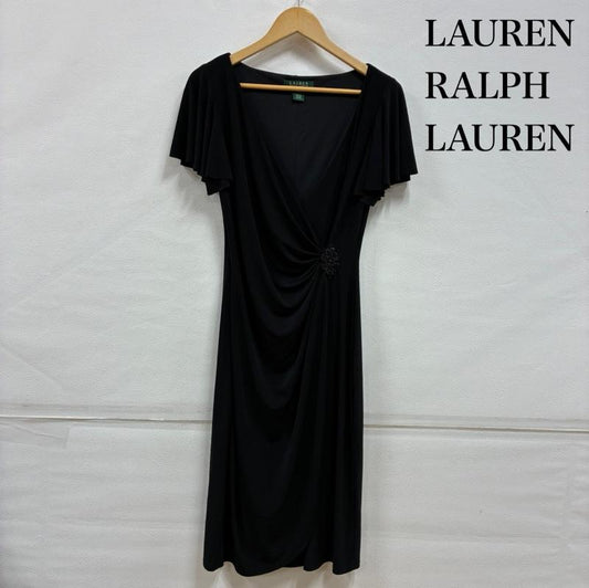 ローレンラルフローレン LAUREN RALPH LAUREN ワンピース ひざ丈スカート 袖フリル ツイスト フロント パーティ ドレス ワンピース ビーズ ブローチ セレモニー L ワンポイント 黒 / ブラック / black レディース USED 古着 中古 50141660