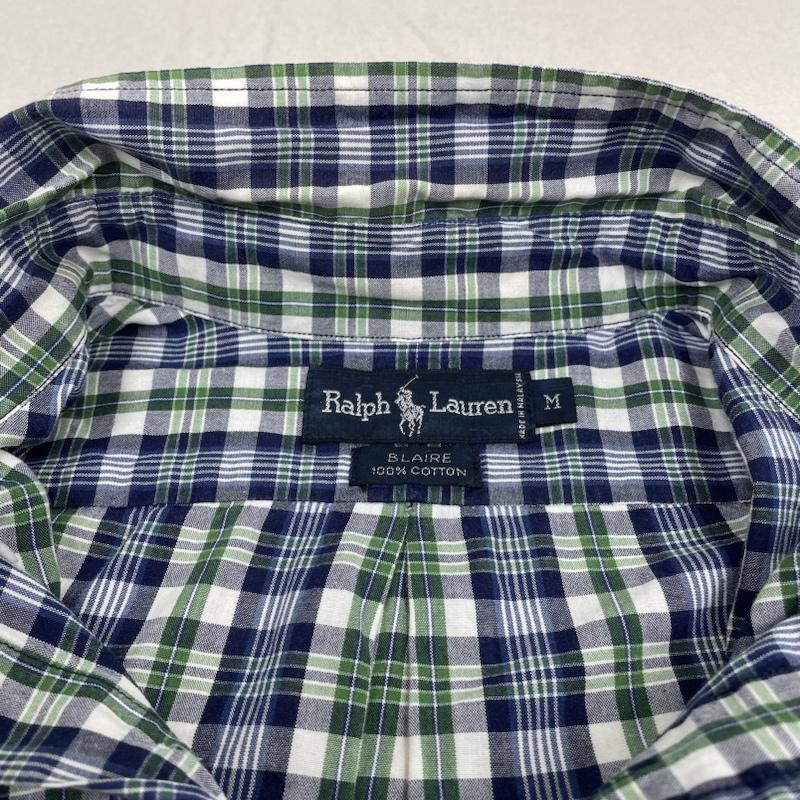 ラルフローレン RALPHLAUREN シャツ、ブラウス 半袖 90s BLAKE ボタンダウン チェック 半袖 シャツ ポニー 刺繡 M 白 / ホワイト / white X 紺 / ネイビー / navy X 緑 / グリーン / green メンズ USED 古着 中古 50141752
