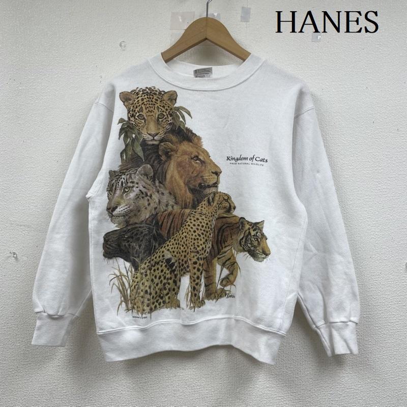 ヘインズ HANES トレーナー 長袖 80s 89年 アニマル プリント スウェット トレーナー Biolchini HARLEQUIN NG USA製 S 白 / ホワイト / white メンズ USED 古着 中古 50141765