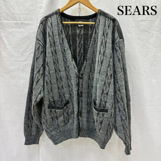 シアーズ SEARS カーディガン 長袖 ケーブル編みカーディガン レザー切り替え 異素材 ミックスグレー 44/LG L 灰 / グレー / gray メンズ USED 古着 中古 50142357