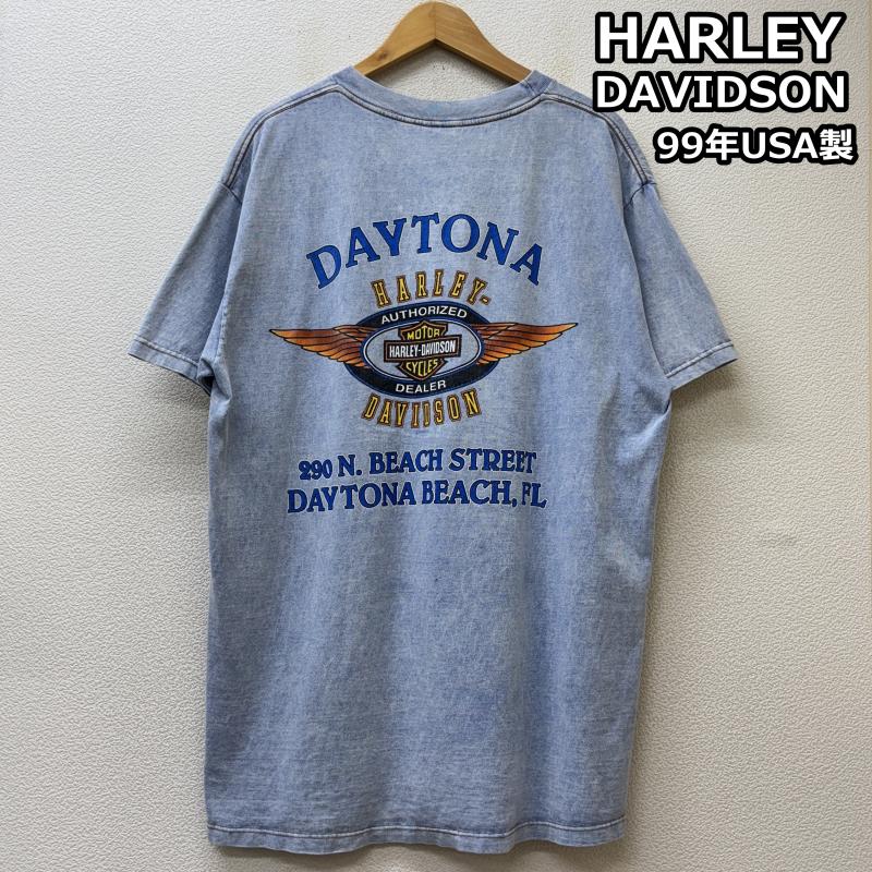 ハーレーダビッドソン Harley-Davidson Tシャツ 半袖 99年 USA製 HOLOUBEK表記 デイトナ ロゴ プリント クルーネック ポケット Tシャツ 水色 ライトブルー L 水色 / ライトブルー / メンズ USED 古着 中古 50142653