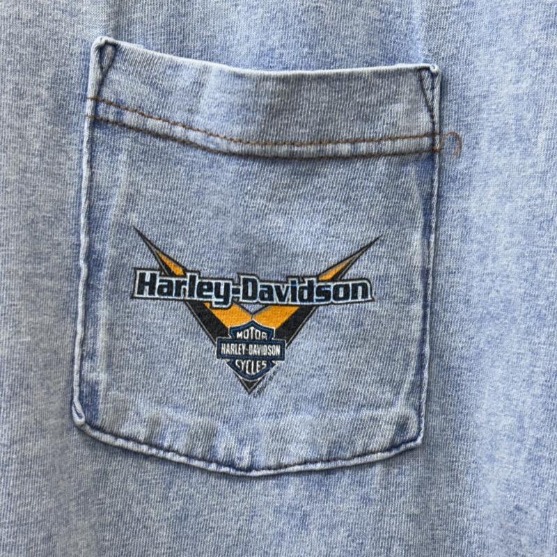ハーレーダビッドソン Harley-Davidson Tシャツ 半袖 99年 USA製 HOLOUBEK表記 デイトナ ロゴ プリント クルーネック ポケット Tシャツ 水色 ライトブルー L 水色 / ライトブルー / メンズ USED 古着 中古 50142653