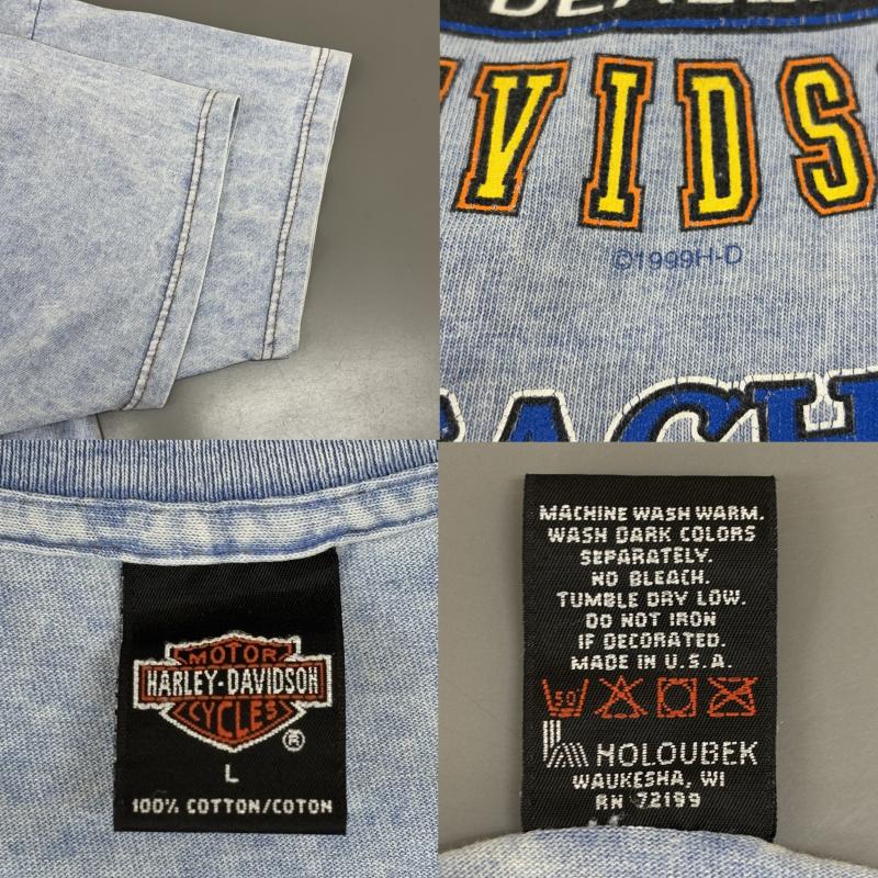 ハーレーダビッドソン Harley-Davidson Tシャツ 半袖 99年 USA製 HOLOUBEK表記 デイトナ ロゴ プリント クルーネック ポケット Tシャツ 水色 ライトブルー L 水色 / ライトブルー / メンズ USED 古着 中古 50142653