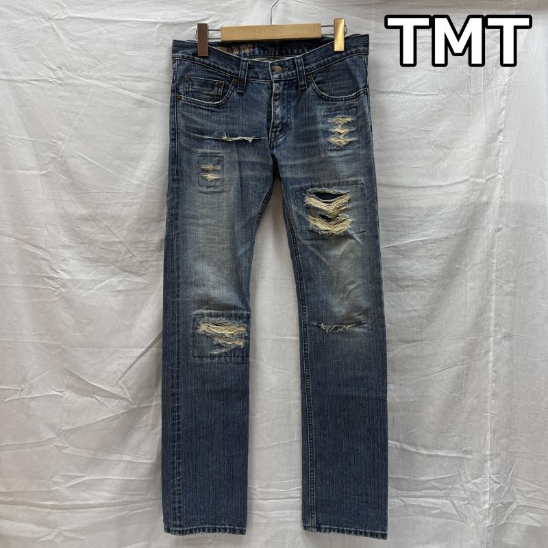 ティーエムティー TMT パンツ デニム、ジーンズ 01Anniversary 1周年記念 ダメージ リペア加工 スリム ストレート デニム パンツ 30インチ インディゴ / インディゴ / Indigo メンズ USED 古着 中古 50142680