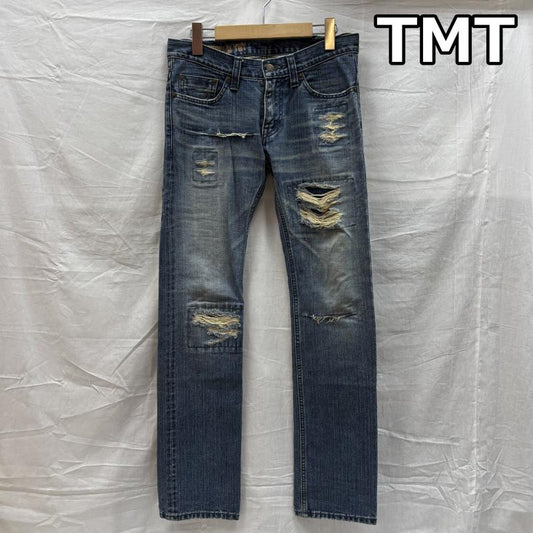 ティーエムティー TMT パンツ デニム、ジーンズ 01Anniversary 1周年記念 ダメージ リペア加工 スリム ストレート デニム パンツ 30インチ インディゴ / インディゴ / Indigo メンズ USED 古着 中古 50142680