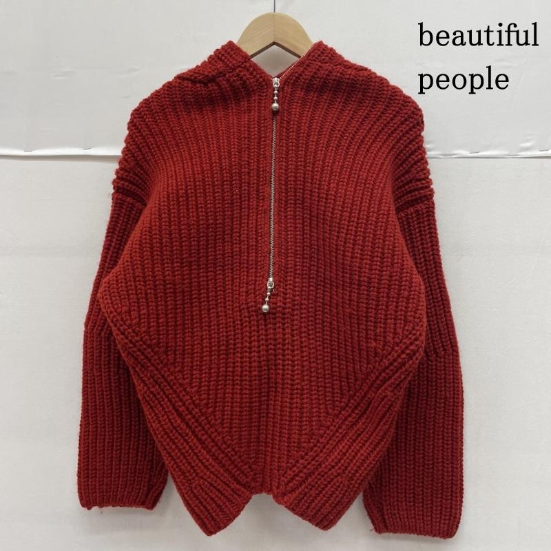 ビューティフルピープル beautiful people ニット、セーター 長袖 BEAMS 別注 ファスナー付 畔 ニット スペシャル セーター 変形 1875210019 36 無地 赤 / レッド / red レディース USED 古着 中古 50142713
