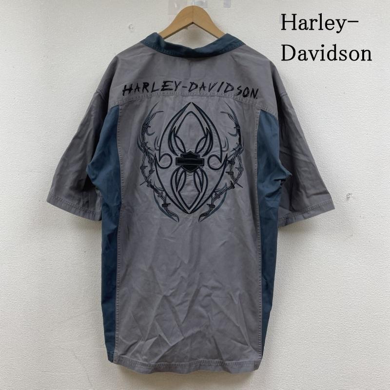 ハーレーダビッドソン Harley-Davidson シャツ、ブラウス 半袖 トライバル 隠しボタンダウン オープンカラー 半袖 ワーク ボックスシャツ ロゴ 刺繍 サイズ3XL - ロゴ、文字 X  X 刺繍 灰 / グレー / gray X 青 / ブルー / blue メンズ USED 古着 中古 50142906