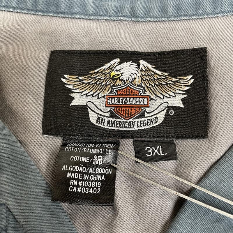 ハーレーダビッドソン Harley-Davidson シャツ、ブラウス 半袖 トライバル 隠しボタンダウン オープンカラー 半袖 ワーク ボックスシャツ ロゴ 刺繍 サイズ3XL - ロゴ、文字 X  X 刺繍 灰 / グレー / gray X 青 / ブルー / blue メンズ USED 古着 中古 50142906