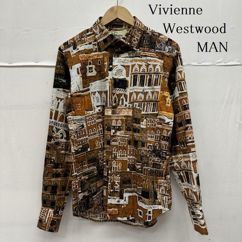 ヴィヴィアンウエストウッドマン Vivienne Westwood MAN シャツ、ブラウス 長袖 総柄 オーブ ロゴ 刺繍 バレエハリス シャツ VW-WR-74890 44 茶 / ブラウン / brown メンズ USED 古着 中古 50143097
