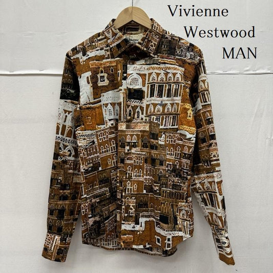 ヴィヴィアンウエストウッドマン Vivienne Westwood MAN シャツ、ブラウス 長袖 総柄 オーブ ロゴ 刺繍 バレエハリス シャツ VW-WR-74890 44 茶 / ブラウン / brown メンズ USED 古着 中古 50143097