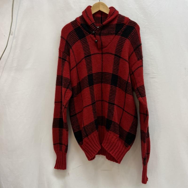 ダブルアールエル ラルフローレン RRL RALPH LAUREN ニット、セーター 長袖 90s POLO COUNTRY ポロカントリー チェック柄 ショールカラー ウール ニット L 赤 / レッド / red メンズ USED 古着 中古 50143141