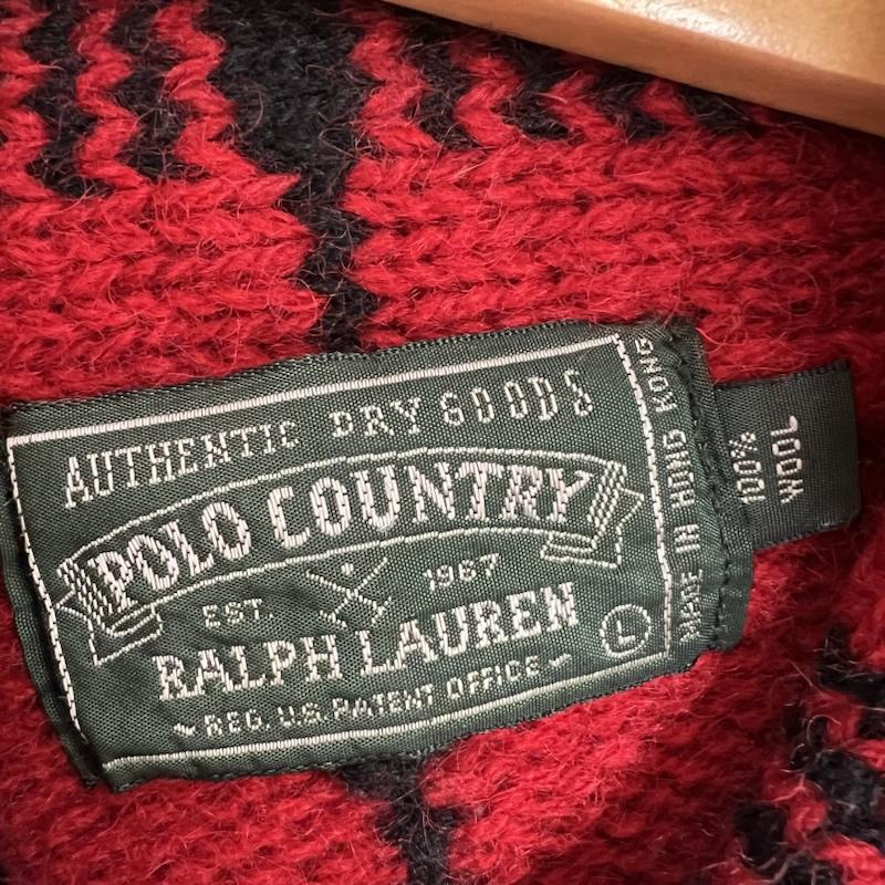 ダブルアールエル ラルフローレン RRL RALPH LAUREN ニット、セーター 長袖 90s POLO COUNTRY ポロカントリー チェック柄 ショールカラー ウール ニット L 赤 / レッド / red メンズ USED 古着 中古 50143141
