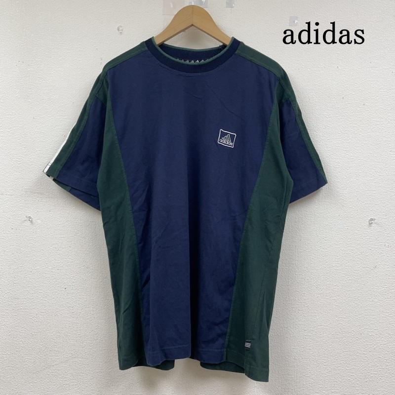 アディダス adidas Tシャツ 半袖 90s 半袖 Tシャツ リブライン ワンポイント 刺繍 ロゴ 3本線 パフォーマンスロゴ L ロゴ、文字 X 刺繍 X ワンポイント 緑 / グリーン / green X 紺 / ネイビー / navy メンズ USED 古着 中古 50143242