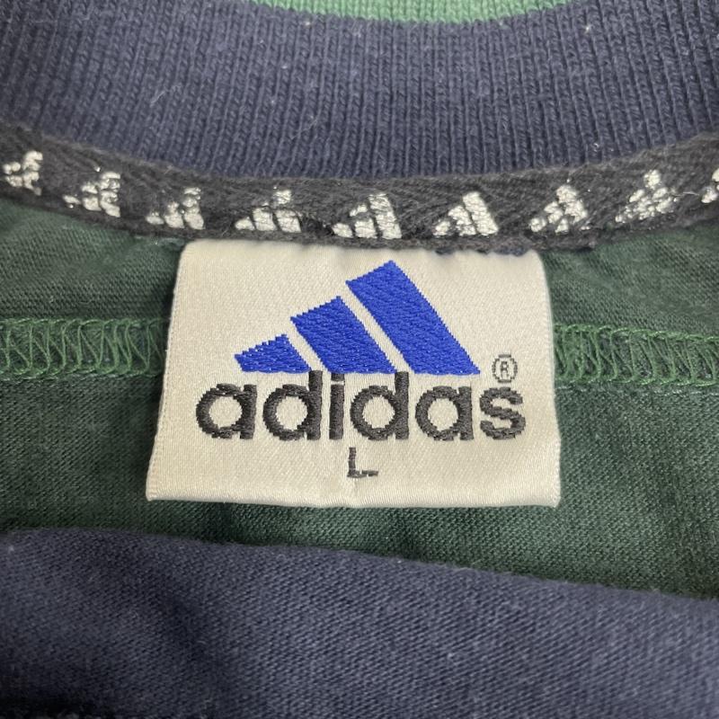 アディダス adidas Tシャツ 半袖 90s 半袖 Tシャツ リブライン ワンポイント 刺繍 ロゴ 3本線 パフォーマンスロゴ L ロゴ、文字 X 刺繍 X ワンポイント 緑 / グリーン / green X 紺 / ネイビー / navy メンズ USED 古着 中古 50143242