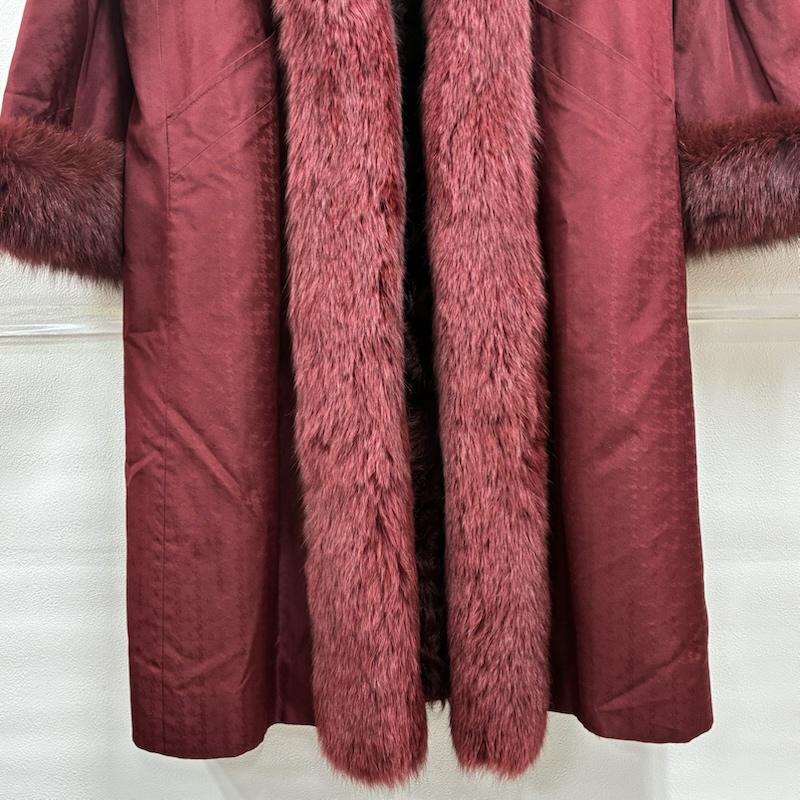 ニナリッチ NINA RICCI コート 毛皮、ファー オールド 毛皮 リアル ファー シルク ロング コート 総柄 同色 千鳥格子 11 - 総柄 X 千鳥格子 赤 / レッド / red X えんじ / ワインレッド / dark red レディース USED 古着 中古 50143519