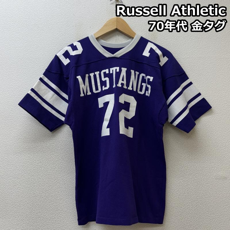 ラッセルアスレティック Russell Athletic Tシャツ 半袖 70年代 ビンテージ USA製 金タグ ナンバリング フットボール Tシャツ ユースサイズ 白 青紫色 - ボーイズ USED 古着 中古 50144024