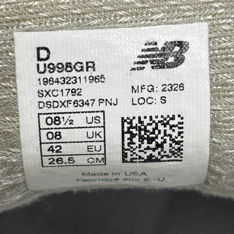 ニューバランス New Balance スニーカー スニーカー U998GR 30周年記念 MADE IN USA Dワイズ ABZORB ローカット スニーカー 26.5cm 灰 / グレー / gray メンズ USED 古着 中古 50144208