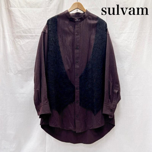 サルバム sulvam シャツ、ブラウス 長袖 ストライプレースベストシャツ ドロップショルダー バンドカラー 長袖 ドッキング MU-B08-110 M ストライプ 茶 / ブラウン / brown X 黒 / ブラック / black メンズ USED 古着 中古 50144383