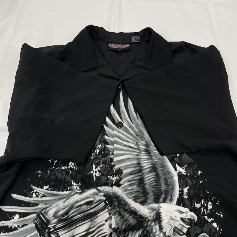 ヴィンテージ VINTAGE シャツ、ブラウス 半袖 Sapphire Lounge オープンカラー シャツ 鷲 イーグル オートバイ Ride Free L プリント 黒 / ブラック / black X 灰 / グレー / gray X 白 / ホワイト / white メンズ USED 古着 中古 50144448