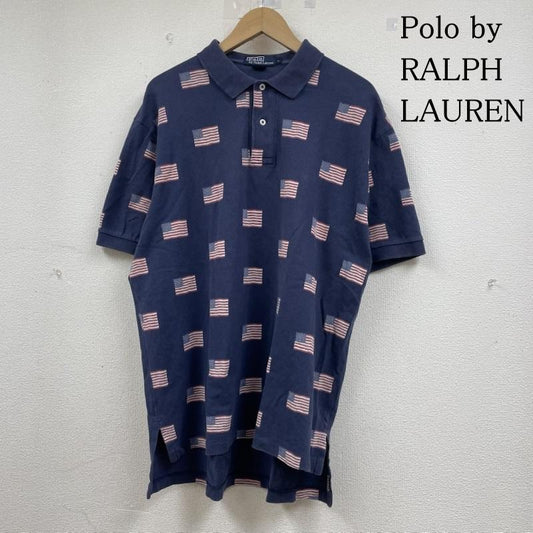 ポロバイラルフローレン Polo by RALPH LAUREN ポロシャツ 半袖 ヴィンテージ 90s 半袖 ポロシャツ ロゴ 星条旗 総柄 プリント ボタン L  X 総柄 X プリント 紺 / ネイビー / navy メンズ USED 古着 中古 50144518