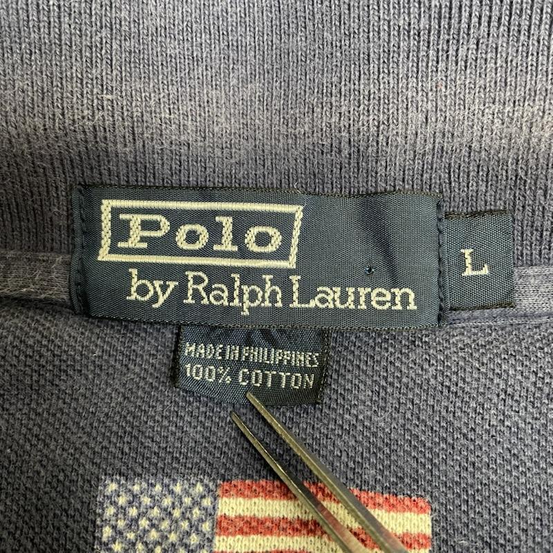 ポロバイラルフローレン Polo by RALPH LAUREN ポロシャツ 半袖 ヴィンテージ 90s 半袖 ポロシャツ ロゴ 星条旗 総柄 プリント ボタン L  X 総柄 X プリント 紺 / ネイビー / navy メンズ USED 古着 中古 50144518