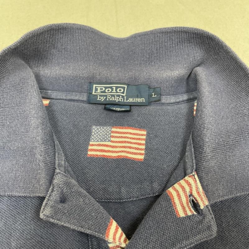 ポロバイラルフローレン Polo by RALPH LAUREN ポロシャツ 半袖 ヴィンテージ 90s 半袖 ポロシャツ ロゴ 星条旗 総柄 プリント ボタン L  X 総柄 X プリント 紺 / ネイビー / navy メンズ USED 古着 中古 50144518